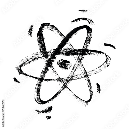 Hand drawn atom sign Molecule clipart in doodle style Single element for print, web, design, decor Symbol of science, education, nuclear energy, scientific research, molecular chemistry