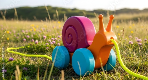Fototapeta Naklejka Na Ścianę i Meble -  Colorful wooden snail toy in meadow with purple flowers and tall grass in summer