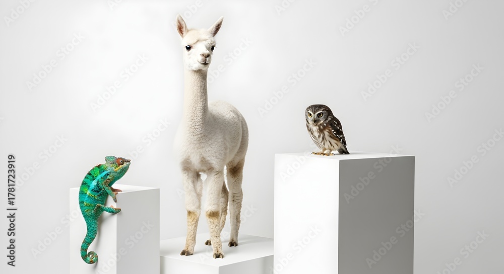 Obraz premium Diversity in the animal kingdom an alpaca owl and chameleon in studio shot composition