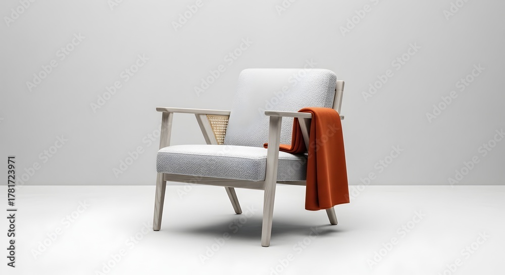 Obraz premium Elegant Armchair in Neutral Tones with Orange Throw Blanket on White Backdrop Photography