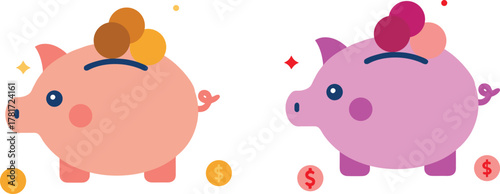 Two cute cartoon piggy banks one pink with coins and one purple with a bow and coins