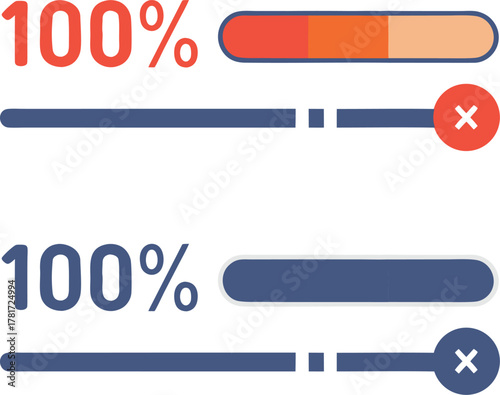 Two progress bars showing 100 percent completion with cancel buttons and percentage indicators