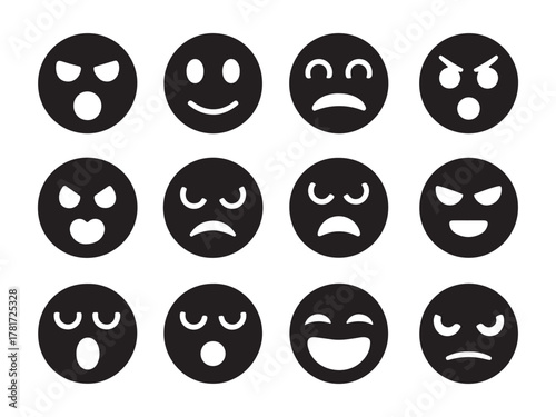 Silhouette collection of emoticons displaying various facial expressions black and white vector illustration