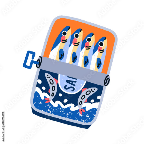 Sardines in tin can. Canned fish, sea food in open metal packaging. Seafood preserved in sauce, oil in container. Healthy ocean snack. Flat vector illustration isolated on white background