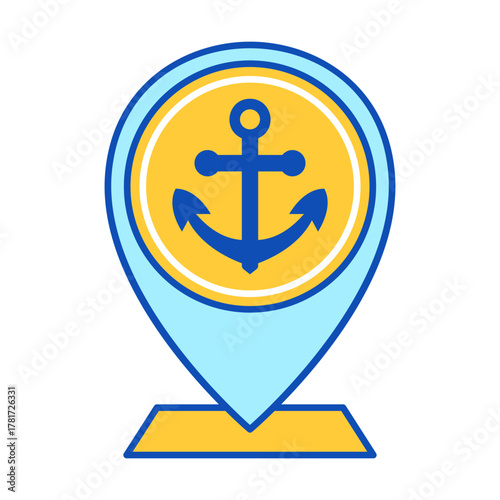 Anchor Port Location Pin Flat Colored Icon for Marine, Harbor, Ship, Sea, and Map Navigation Design