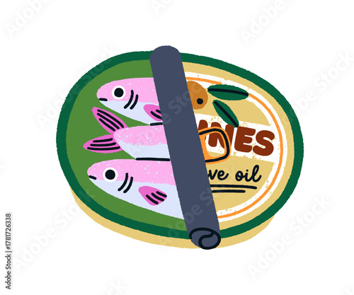 Sardines canned tin container. Preserved conserved fish in olive oil, seafood in package. Doodle sea food, product in open aluminum pack. Flat vector illustration isolated on white background