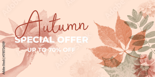 Autumn banner with a special offer and floral elements. Trendy halftone collage with a grainy photocopy effect for flyers, banners, and social media. Vector illustration.