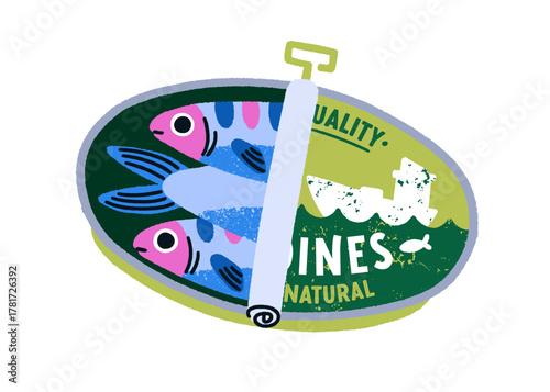 Sardines preserved in metal can. Ocean fish, seafood packed in tin packaging. Open container with sea food. Conserved Mediterranean product. Flat vector illustration isolated on white background