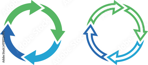 Two circular arrows representing a cycle or process with green and blue segments on a white background