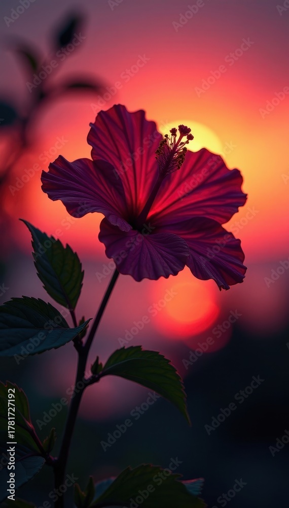 Fototapeta premium Intricate hibiscus silhouettes against sunset, vibrant hues, floral, red