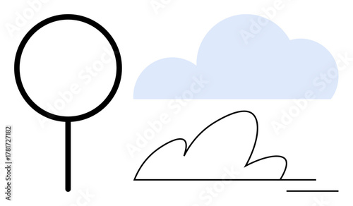 Simplified tree, illustrated cloud, and abstract bush design. Ideal for nature, simplicity, minimalism, environment, art landscape concepts and clean visual aesthetics. Flat metaphor design