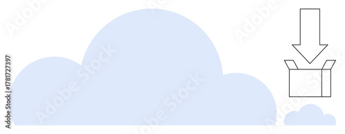 Large cloud with downward arrow pointing at open box signifying file download or transfer. Ideal for cloud computing, data access, backup, storage solutions, technology, remote work, simple flat