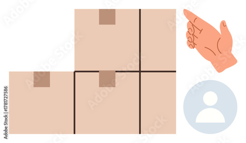 Brown cardboard boxes in a stack, hand pointing at them, and a user profile icon. Ideal for delivery, shipping, logistics, inventory, management teamwork and customer service concepts. Simple flat
