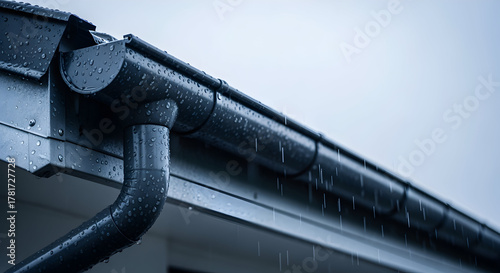 Rainwater streams down dark metal gutters attached to building during a heavy rainfall day