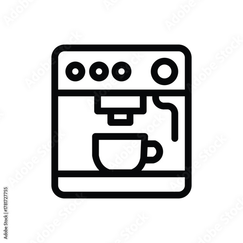 Espresso machine line icon, outline illustration of coffee maker with cup under portafilter, representing cafe brewing, barista tools, or home espresso equipment