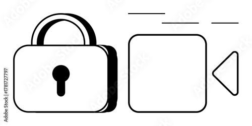 Lock and video camera icons convey data security and privacy in video communication. Ideal for security, confidentiality, encryption, technology, surveillance, online privacy, digital safety