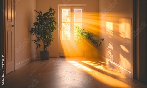 Sunlight streaming into a peaceful home entrance hallway, creating a warm and inviting atmosphere. This serene image is ideal for promoting home design concepts, interior decor, Generative AI