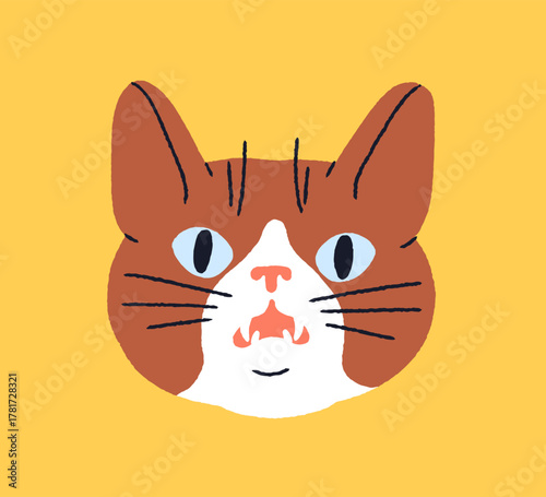 Cute funny cat, shocked surprised expression. Comic kitty mem, feline animal head avatar, humorous amazed emotion, startled face, open mouth in amazement, astonishment. Flat vector illustration