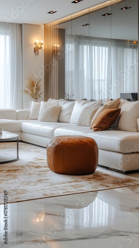Spacious, beautiful lounge area representing luxury living and modern interior design. The image conveys comfort, style, and elegance, perfect for promoting upscale living spaces, Generative AI