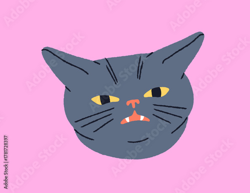 Cute funny cat head with comic humorous face expression. Feline animal, bothered kitty mem, looking with amusing annoyed irritated disgusted emotion with open mouth. Flat vector illustration