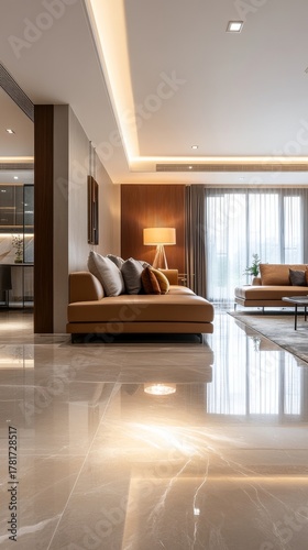 Spacious, beautiful lounge area representing luxury living and modern interior design. The image conveys comfort, style, and elegance, perfect for promoting upscale living spaces, Generative AI