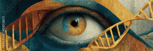 Eye DNA abstract mosaic blue gold science genomics data ethics create surreal thought provoking visual concept