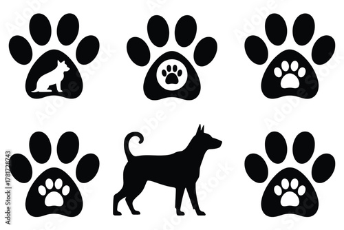 Dog paw print, silhouette set