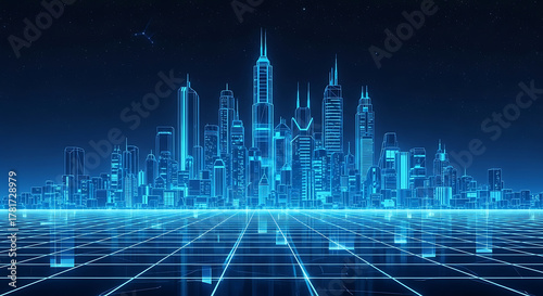 Digital city skyline glowing in neon blue with a futuristic grid plane extending into a starry virtual night sky, technology metropolis abstract