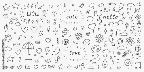 Collection of hand drawn doodle elements featuring hearts stars clouds flowers and words like love cute and hello