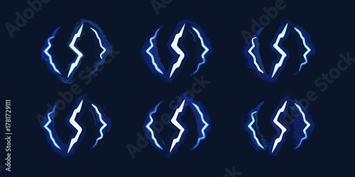 Collection of six electric lightning bolt energy effects in a dark blue background