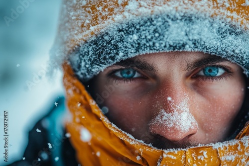 Close-up of a hiker in snowy winter conditions, representing extreme sports and adventure. The image emphasizes outdoor exploration and physical endurance, ideal for winter sports, Generative AI