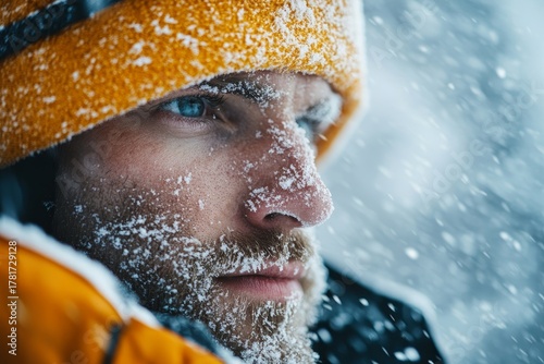 Close-up of a hiker in snowy winter conditions, representing extreme sports and adventure. The image emphasizes outdoor exploration and physical endurance, ideal for winter sports, Generative AI