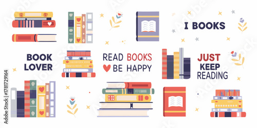 Collection of colorful illustrated books and motivational reading phrases for book lovers