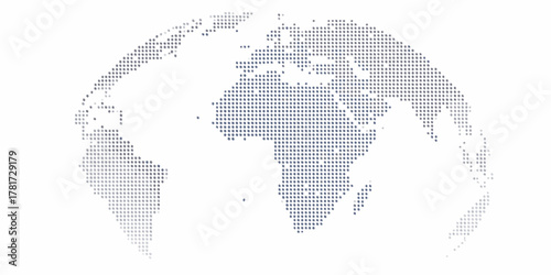 Abstract dotted globe map of the world with a gradient of blue and grey dots on a white background