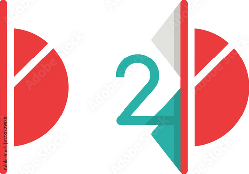 Abstract geometric design featuring two red pie chart segments and a turquoise number two symbol