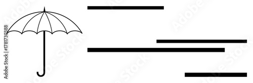 Open umbrella with straight, minimalistic lines symbolizing rain or challenges. Ideal for weather, protection, safety, insurance, resilience, support and preparedness themes. Simple flat metaphor