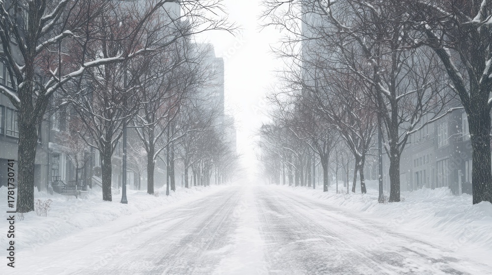 Naklejka premium Snowfall on a city street with bare trees and buildings