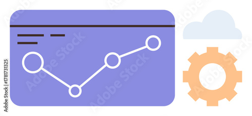 Line graph on a dashboard represents data analytics and performance trends. Gear symbolizes technical processes, while the cloud signifies cloud computing. Ideal for analytics, IT, business growth