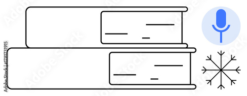 Stack of hardcover books beside a blue microphone and snowflake icon. Ideal for education, technology, innovation, audiobook, winter, science, digital learning. Simple flat metaphor