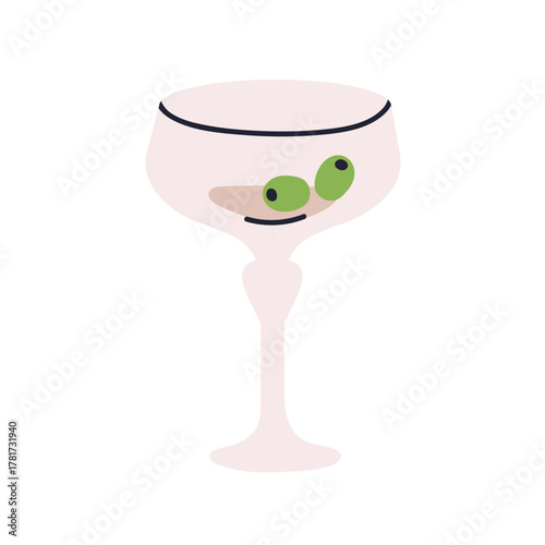 Martini glass with drink garnish, olives. Cold alcohol cocktail in drinkware,...