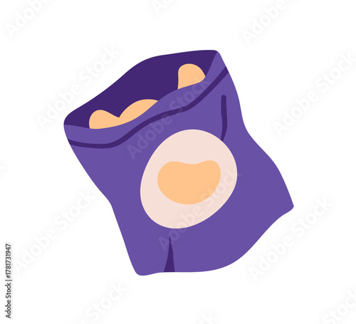 Crisps, chips in open bag package. Crispy crunchy potato snack in pack. Fast junk food, unhealthy eating, salty spicy product, fastfood in pouch. Flat vector illustration isolated on white background