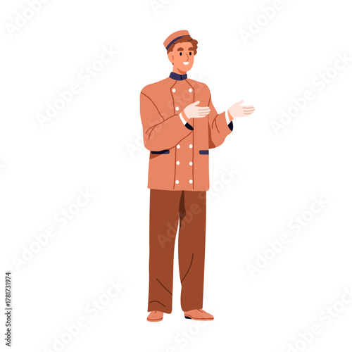 Doorman, hotel staff, worker. Porter, butler, bellboy in uniform, gloves and cap, standing and greeting, smiling. Hospitality service, door man. Flat vector illustration isolated on white background