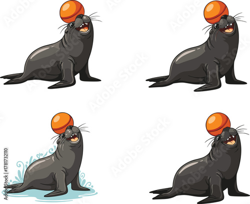 Cute sea lion balancing orange ball, marine animal cartoon illustration, ocean wildlife design, playful seal art, aquatic show performance