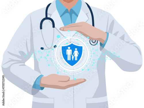 doctor hands protective cradle glowing digital shield family health medical insurance