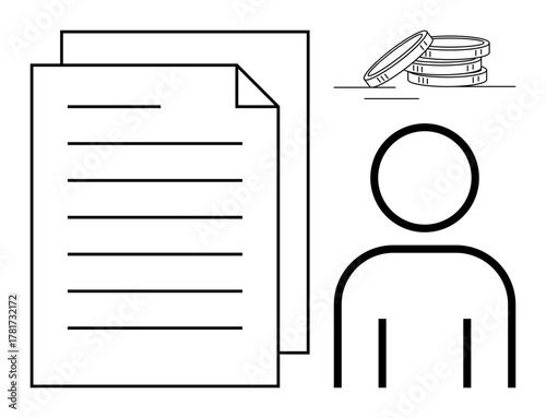Stack of papers, abstract human figure, and coin stack suggesting contracts, payments, or administrative work. Ideal for finance, employment, contracts, agreements paperwork transactions simple