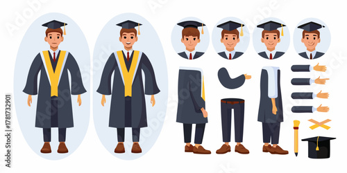 Male graduate character creator kit with different poses and accessories for education and achievement concepts