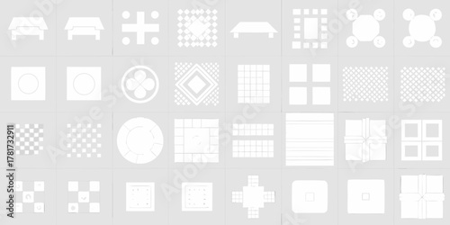 Collection of geometric patterns and abstract shapes in white on a light gray background