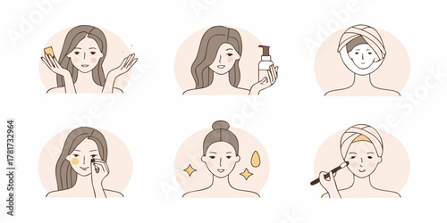 Set of six illustrations depicting a woman performing various skincare and makeup application steps