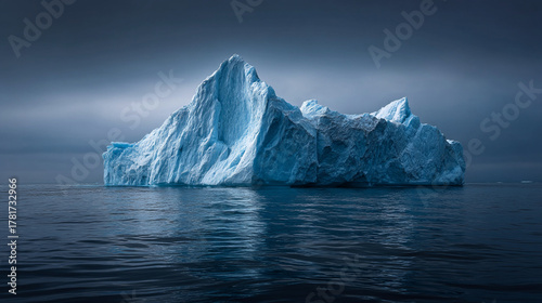 A large iceberg floating in the dark ocean under a cloudy sky with shades of blue and white colors