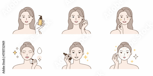 Woman applying skincare products and makeup for a beautiful glowing complexion step by step
